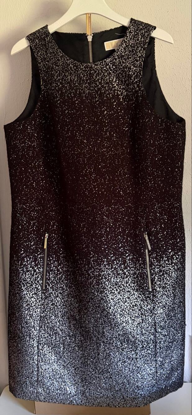 Michael Kors Black & Silver Metallic Sleeveless Shift Dress Sz 8
